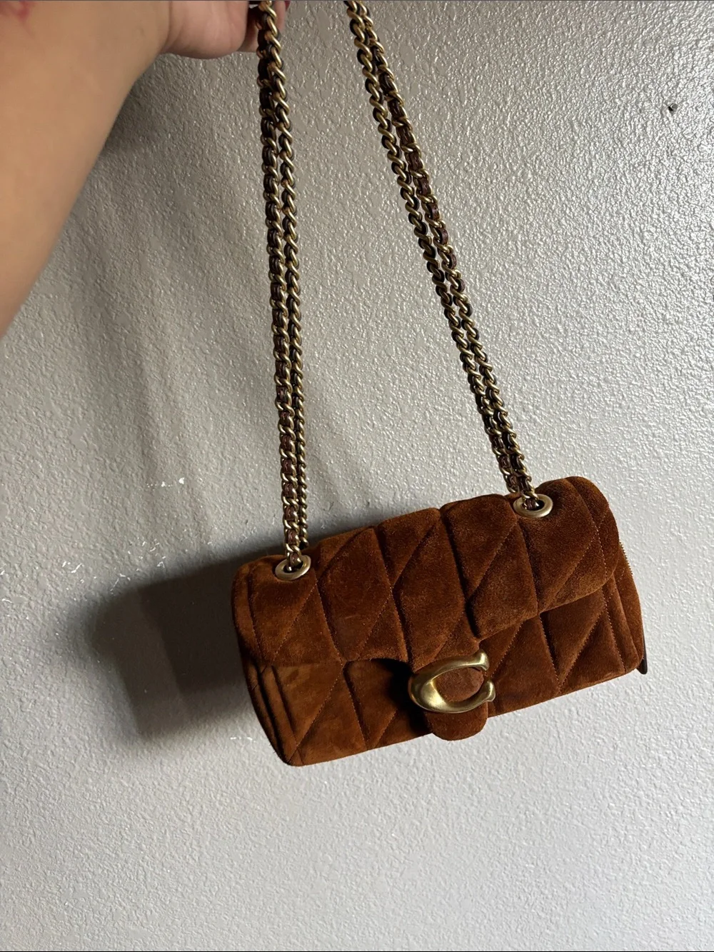 Coach Quilted Suede Shoulder Bag in Brown with Gold Hardware